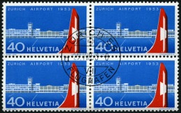 SCHWEIZ BUNDESPOST 585  VB O, 1953, Flughafen Zürich-Kloten Im Viererblock Mit Zentrischem Ersttagsstempel, Pracht - Oblitérés