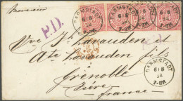 NDP 9 BRIEF, 1868, 3 Kr. Mittelrötlichkarmin, Dreierstreifen Und Einzelmarke Auf Brief Von DARMSTADT Nach Grenoble, Viol - Storia Postale