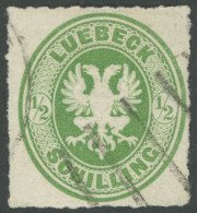 LÜBECK 8 O, 1863, 1/2 S. Dkl`gelblichgrün, Strichstempel!, Pracht, Signiert - Lübeck
