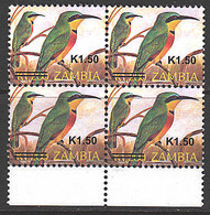 Zm1091b4  ZAMBIA 2013, New Currency K1.50 On K1,200 Birds  MNH Block Of 4 - Zambia (1965-...)