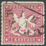 WÜRTTEMBERG 31a O, 1865, 3 Kr. Rosa, Segmentstempel KUPFER, Leichte Bugspur Sonst Pracht - Other & Unclassified