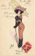 Mode * CPA Illustrateur PLUME Plume * Femme Robe Chapeau Avion Aviation Aviateur VOISIN Voisin Rougier Ombrelle - Moda