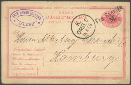 GANZSACHEN 1886, Tio Öre Ganzsachenkarte Von MALMÖ Nach Hamburg Mit L1 FIA SVERIGE M., Feinst - Entiers Postaux