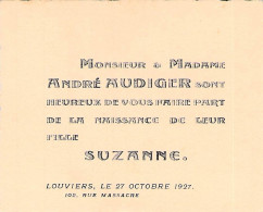 VIEUX PAPIERS 27 EURE LOUVIERS FAIRE PART ANDRE AUDIGER SUZANNE PIERRE 1929 - Geboorte & Doop