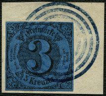 THURN Und TAXIS 8 BrfStk, 1852, 3 Kr. Dkl`blau, Allseits Vollrandig Auf Kleinem Briefstück , Seltener Blauer Nummernstem - Autres & Non Classés