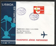 Portugal Premier Vol TAP Lisbonne Bruxelles Belgique Atomium 1965 First Flight Lisbon Brussels Belgium Cover - Brieven En Documenten