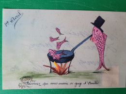 Premier Avril , Poisson   , Carte Celuloid Artisanale , Dessiné Main , Aquarelle - Erster April