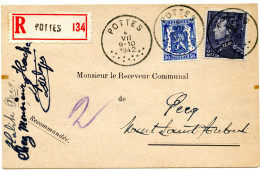 BELGIQUE - COB 426+529  SIMPLE CERCLE POTTES SUR CARTE POSTALE COMMERCIALE RECOMMANDEE, 1942 - Brieven En Documenten