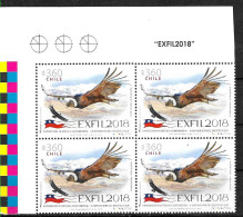 #2614 CHILE 2018 PHILATELIC EXPO BIRD MOUNTAINS YV 2138 BLOC OF 4 MNH - Cile