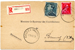 BELGIQUE - COB 428+430  SIMPLE CERCLE CELLES (HAINAUT) SUR CARTE ¨POSTALE COMMERCIALE  RECOMMANDEE, 1943 - Lettres & Documents