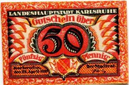 50 PFENNIG 1920 Stadt KARLSRUHE Baden DEUTSCHLAND Notgeld Papiergeld Banknote #PL622 - [11] Emissions Locales