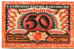 50 PFENNIG 1920 Stadt KARLSRUHE Baden DEUTSCHLAND Notgeld Papiergeld Banknote #PL701 - [11] Emissions Locales