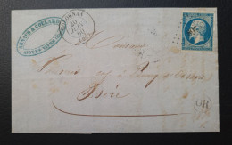 France,  Timbre Numéro 14B Seul Sur Lettre Avec Cachet OR. - 1853-1860 Napoleon III