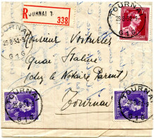 BELGIQUE - COB 693X2+832 SIMPLE CERCLE TOURNAI SUR LETTRE RECOMMANDEE, 1951 - Storia Postale