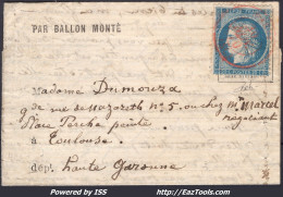 FRANCE N°37 SUR BALLON MONTÉ LE JULES FAVRE N°2 CAD ROUGE PARIS SC DU 30/11/1870 - 1870 Belagerung Von Paris