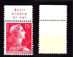 Timbre Neuf ** 1011 Marianne De Muller 15fr Rouge Carminé, Avec Bande Publicitaire ECRIT PROPRE ET NET - Unused Stamps