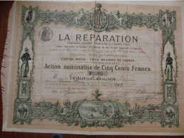 FRANCE - SCENES DE POMPIERS - LA REPARATION  : ASSURANCE INCENDIE, FOUDRE ETC - ACTION DE 500 FRS - PARIS 1880  - RARE - Otros & Sin Clasificación