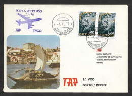 Portugal Brèsil Brasil Brazil Premier Vol TAP Porto Recife 1974 Bateau Vin Du Porto First Flight Oporto Recife Wine Boat - Luftpost