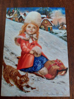 Illustrator Derevianko "The Gift" - Modern Ukrainian Postcard - Postcrossing - 2010s - Sleigh - Cat Chat - Ukraine