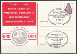 Berlin Privat-Ganzsache 1990 Mi.Nr.P129 Mit Zudruck Inkraftretten Der Währungsunion Stempel Bonn 1.7.90( PK 293 ) - Cartes Postales Privées - Oblitérées