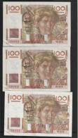 LOT  De 3 Billets Qui Se Suivent Du 1 9 1952 Qualité SPL 1pli Central Une Froissure En Angle - 100 F 1945-1954 ''Jeune Paysan''