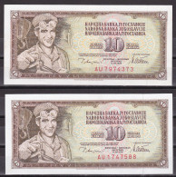 Yugoslavia-10 Dinara 1978 AU Serial Narrow And Wide "U"   2 Pics - Jugoslavia