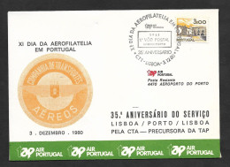 Portugal 35 Ans Premier Vol Postale Lisbonne Porto Par CTA Précurseur TAP 1980 Lisbon Oporto 35 Years Postal Flight - Brieven En Documenten