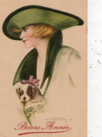 FEMME AU CHAPEAU AVEC UN CHIEN " BONNE ANNEE "  SIGNE A. BERTIGLIA - Bertiglia, A.