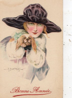 FEMME AU CHAPEAU AVEC UN CHIEN " BONNE ANNEE "  SIGNE A. BERTIGLIA - Bertiglia, A.