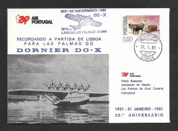 Portugal TAP 50 Ans Premier Vol Dornier DO-X Lisbonne Las Palmas Canarias Espagne España 1981 Lisbon Canary Spain Flight - Cartas & Documentos