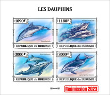 Burundi 2023, Animals, Dolphins II, Re-issued, 4val In Block IMPERFORATED - Unused Stamps