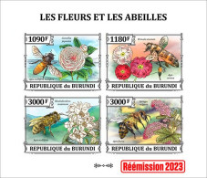 Burundi 2023, Flower And Bees, Re-issued, 4val In Block IMPERFORATED - Neufs