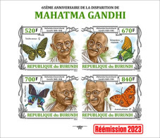 Burundi 2023, Gandhi And Butterfly, 4val In Block IMPERFORATED - Ongebruikt