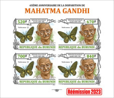 Burundi 2023, Gandhi And Butterfly, Sheetlet1 IMPERFORATED - Ungebraucht