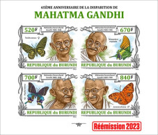 Burundi 2023, Gandhi And Butterfly, 4val In Block IMPERFORATED - Mahatma Gandhi