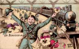 Carte 1918 Signée A.H Katz Ou JK : Un Bonjour De Train , Militaire - Humor