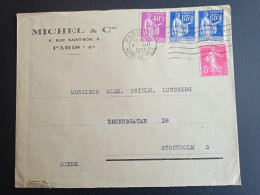 Paix 281 Et 365, Semeuse 278B Sur Lettre Pour La Suède Au Tarif Du 01/08/1937 De 1,75FR. Suppression SA Le 10/08/1937 - 1932-39 Vrede