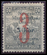 * Nyugat-Magyarország VI. 1921 Arató 3K / 60f Hármaslyukasztással, Bodor Vizsgálójellel - Otros & Sin Clasificación