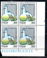 ITALIA REPUBBLICA ITALY 1981 ANNO INTERNAZIONALE DELLE PERSONE HANDICAPPATE DISABILI QUARTINA ANGOLO DI FOGLIO MNH - 1981-90: Ungebraucht