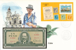 Kuba 1982. 1P Felbélyegzett Bankjegyes Boríték Bélyegzéssel T:UNC Cuba 1982. 1 Peso In Banknote Envelope With Stamp And  - Non Classés