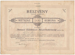 Budapest 1920. "Nemzeti Hitelintézet Részvénytársaság" Részvénye 200K-ról, Szelvényekkel, Bélyegzésekkel, Szárazpecsétte - Unclassified