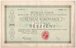 Budapest 1922. "Bethlen Gábor Irodalmi és Nyomdai Részvénytársaság" Részvénye 200K-ról, Szelvényekkel T:F - Unclassified