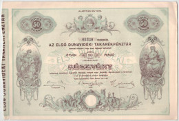 Kiskőrös 1930. "Az Első Dunavidéki Takarékpénztár" Részvénye 50P-ről Szelvényekkel, Szárazpecséttel T:XF - Non Classés