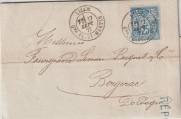1877 - SAGE PERFORE / PERFIN "V.D" VERLEY DECROIX - LETTRE De LILLE => BERGERAC - Covers & Documents