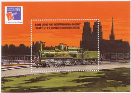Zm9977a ZAMBIA 1999, 'IBRA' Philex France Stamp Exhibition, (railway, Train, Locomotive)  MNH - Zambia (1965-...)