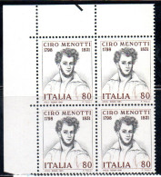 ITALIA REPUBBLICA ITALY REPUBLIC 1981 CIRO MENOTTI QUARTINA ANGOLO DI FOGLIO BLOCK MNH - 1981-90: Ungebraucht