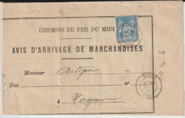 1890 - SAGE / COLIS POSTAUX - AVIS D'ARRIVAGE DE MARCHANDISES Des CHEMINS DE FER DU MIDI De RISCLE (GERS) - Storia Postale