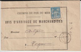 1890 - SAGE / COLIS POSTAUX - AVIS D'ARRIVAGE DE MARCHANDISES Des CHEMINS DE FER DU MIDI De RISCLE (GERS) - Briefe U. Dokumente