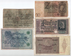 Németország 1908-~1945. 5db-os Bankjegytétel, Közte Weimari Köztársaság 1929. 20M + Harmadik Birodalom DN (1939-1945) 50 - Unclassified