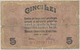 Románia / Német Megszállás 1917. 5L "G 12503771" T:G Szakadás, Anyaghiány Romania / German Occupation 1917. 5 Lei "G 125 - Sin Clasificación